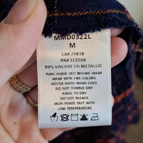 Miss Me Navy Red Metallic Plaid Tunic Long Shirt Tie Waist Button Down Size M - Picture 9 of 9